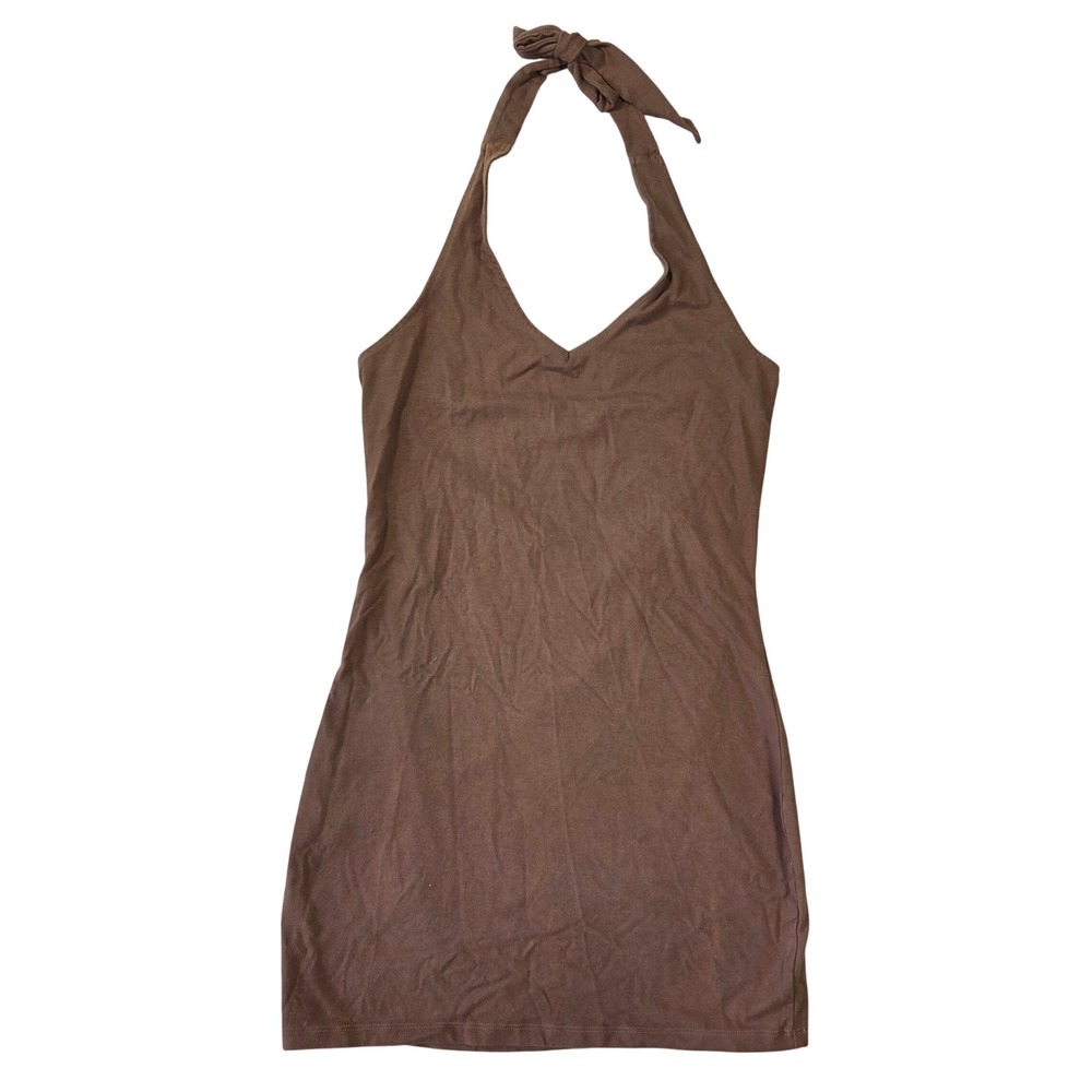 SO Brown Halter Mini Dress Womens Medium V-Neck Bodycon Cotton Blend Stretch